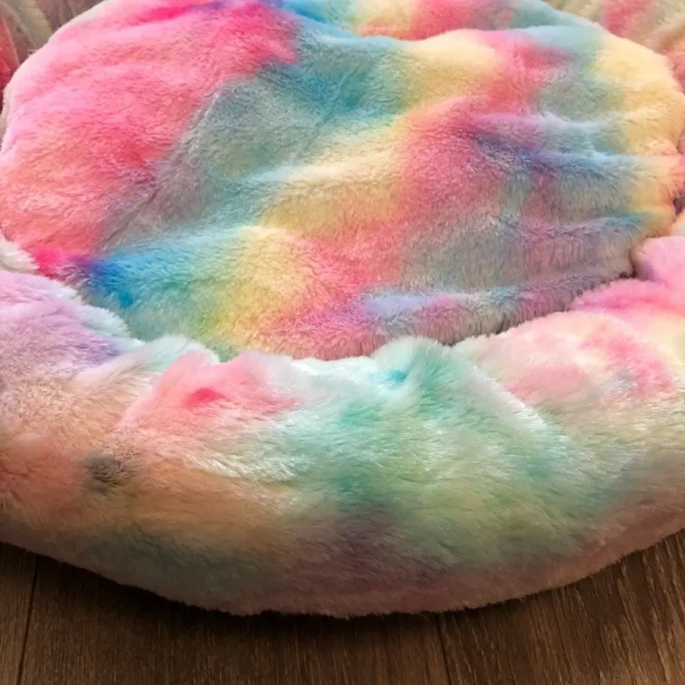 Rainbow Faux Donut Medium Dog Cat Bed - Anti-Anxiety Calming Fluffy Dog Cat Bed